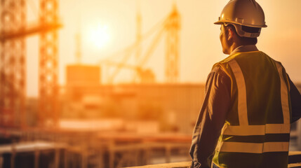 builder or foreman in hardhat and life jacket at construction site with crane and sun flare. Generative AI