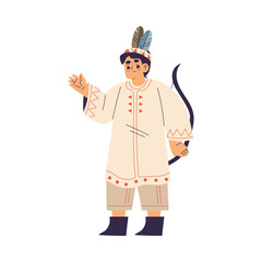 Funny Boy with Bow Playing Indian Dressed in Costume with Feather Vector Illustration