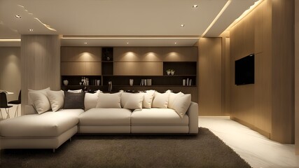 Photo of a spacious and modern living room with a luxurious white sofa as the centerpiece