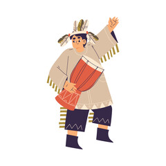 Funny Boy Beat Drum Playing Indian Dressed in Costume with Feather Vector Illustration
