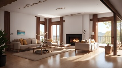 Fototapeta na wymiar Photo of a cozy living room with a warm fireplace and comfortable furniture