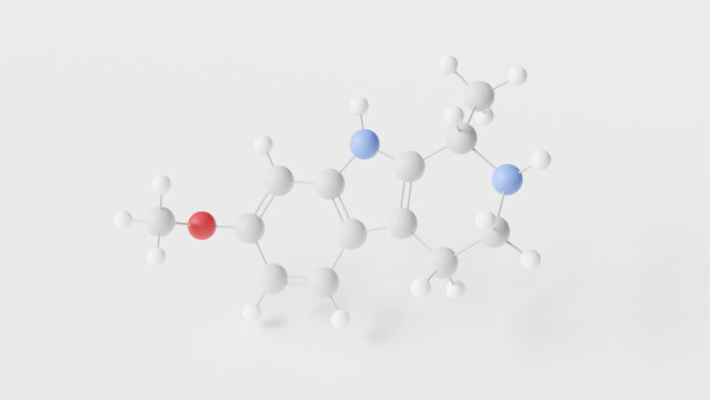 tetrahydroharmine molecule 3d, molecular structure, ball and stick model, structural chemical formula fluorescent indole alkaloid
