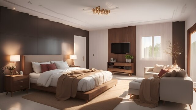 Photo of a cozy and spacious bedroom with a comfortable bed and a stylish chair