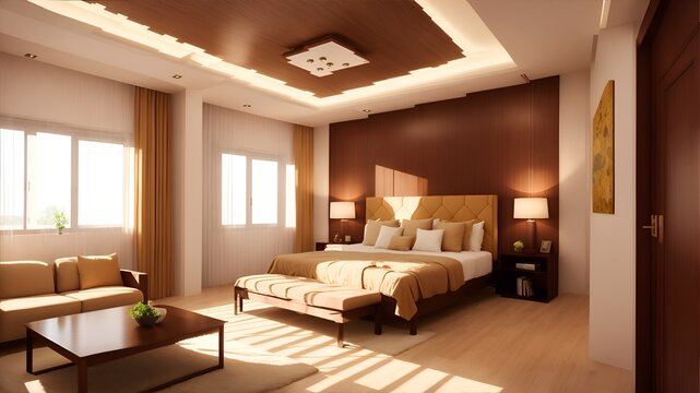 Photo of a cozy and stylish bedroom with comfortable furniture and warm lighting