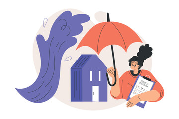 Property Insurance with Happy Woman Character and House Under Umbrella Vector Illustration