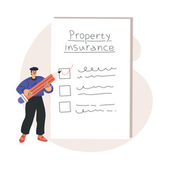 Property Insurance with Happy Man Character with Huge Pencil Mark Checkbox in Document Vector Illustration