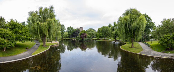 Pond view from the suspension bridge at Boston Public Garden, Boston, Massachusetts, USA