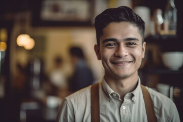 Obraz premium Portrait of a happy and smiling waiter, or small business owner in the coffee shop. 