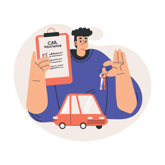 Car Insurance with Happy Man Character Hold Document and Keys Vector Illustration