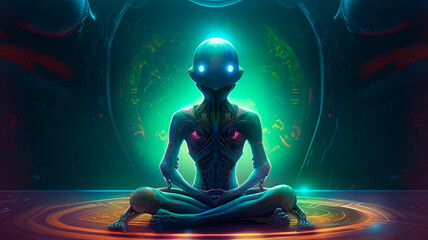 Painting of a meditating alien humanoid

