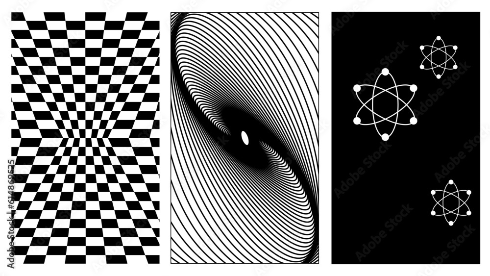 Poster Set of abstract aesthetic y2k geometric elements and 3D wireframe shapes. Black and white retro line design elements. Vector illustration for social networks or posters. EPS 10