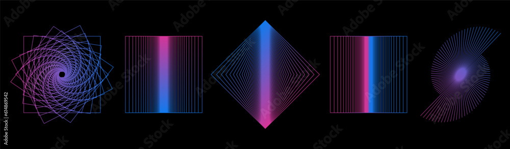 Poster Set of abstract aesthetic y2k geometric elements and 3D wireframe shapes. Gradient retro line design elements. Vector illustration for social networks or posters. EPS 10