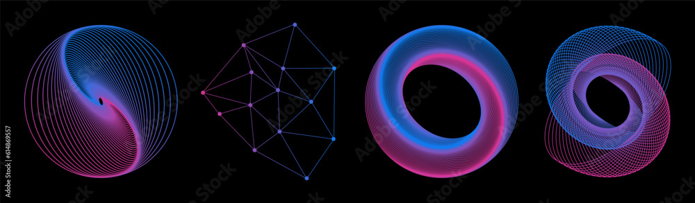 Poster Set of abstract aesthetic y2k geometric elements and 3D wireframe shapes. Gradient retro line design elements. Vector illustration for social networks or posters. EPS 10