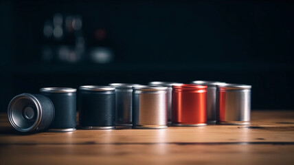 small aluminum cans standing on a wooden table in a row, studio photo
