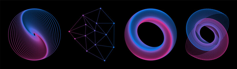 Set of abstract aesthetic y2k geometric elements and 3D wireframe shapes. Gradient retro line design elements. Vector illustration for social networks or posters. EPS 10