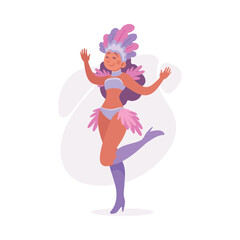 Woman Character Dressed in Carnival and Party Outfit with Bright Feathers Vector Illustration