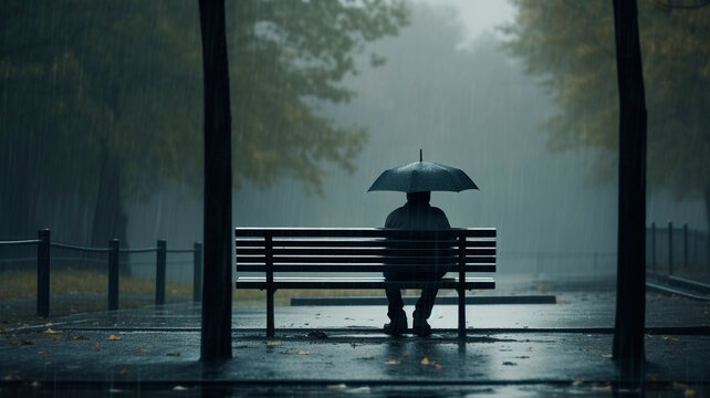 An image of depression showing a man sitting on an abandoned bench in a rainy park.

