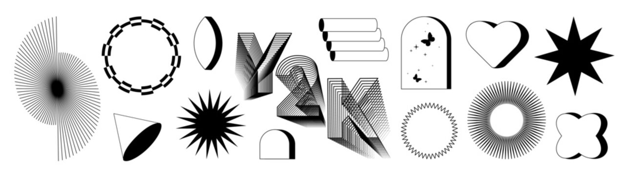 Set of abstract aesthetic y2k geometric elements and 3D wireframe shapes. Black and white retro line design elements. Vector illustration for social networks or posters. EPS 10