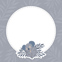 Empty Round Card with Grey Koala Animal with Eucalyptus Branch Vector Template