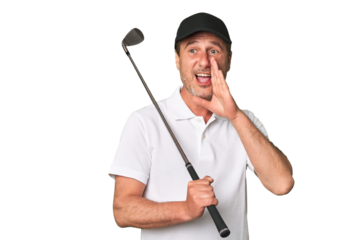 Middle aged golfer man shouting and holding palm near opened mouth.