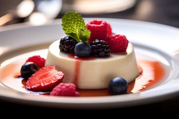 Panna Cotta garnished with fresh berries and mint leaves on a white plate
