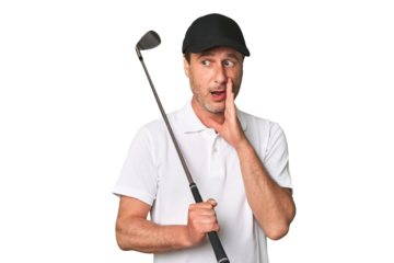 Middle aged golfer man raising fist after a victory, winner concept.