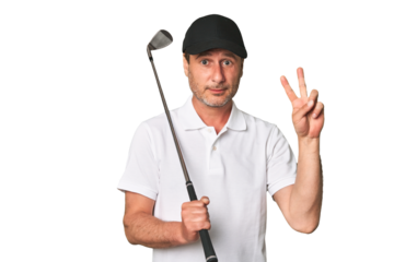 Middle aged golfer man showing number two with fingers.