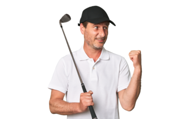 Middle aged golfer man points with thumb finger away, laughing and carefree.