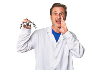 A middle-aged optometrist man shouting and holding palm near opened mouth.