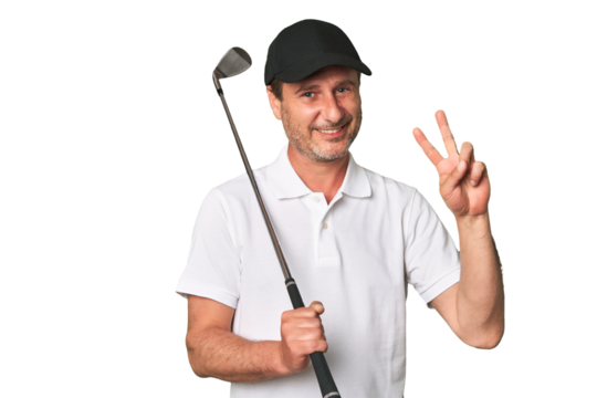 Middle aged golfer man joyful and carefree showing a peace symbol with fingers. - Powered by Adobe