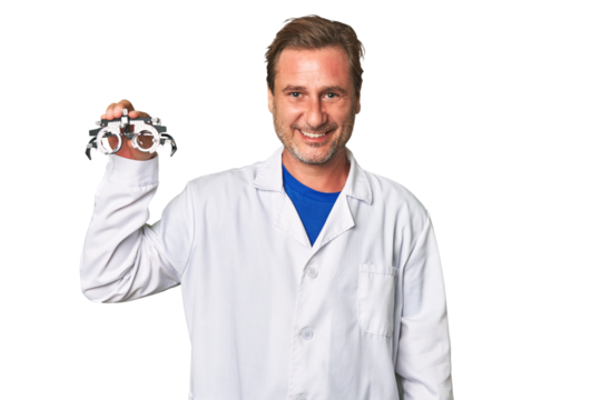 A middle-aged optometrist man happy, smiling and cheerful.