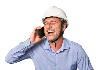 Mid-aged architect on call isolated