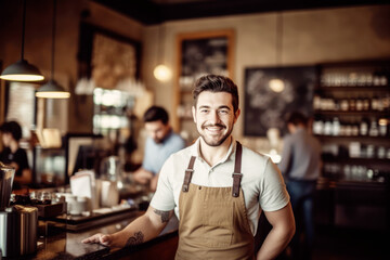 Portrait of a happy and smiling waiter, or small business owner in the coffee shop. 