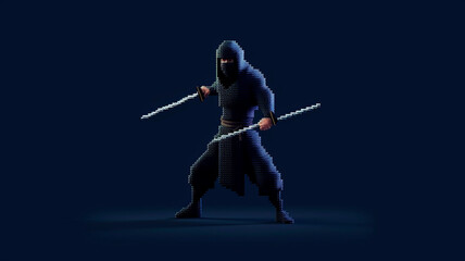 Black Ninja in Pixel Style, with two swords on a dark background