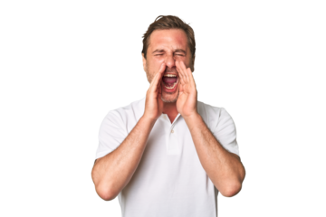 A middle-aged man isolated shouting excited to front.