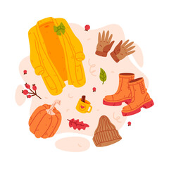 Warm Autumn Clothes and Bright Accessory Vector Composition