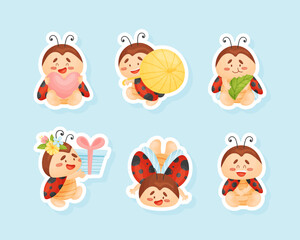 Cute Ladybird with Spotted Wings Vector Sticker Set