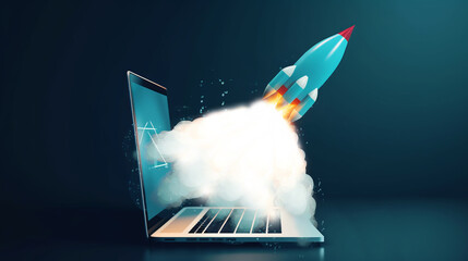 Rocket launch from a laptop screen (Generative AI)