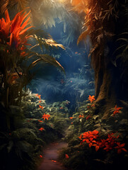 Fototapeta na wymiar Lush dark green and orange jungle plants. Deep in the rainforest.