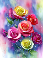 Fototapeta na wymiar Close-up roses. Watercolor paint. AI generated illustration
