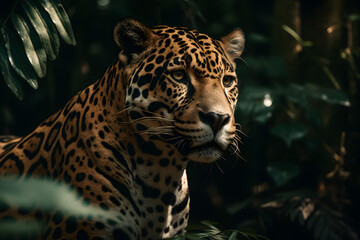 Naklejka na ściany i meble Jaguar in the Tropical forest. Generative AI