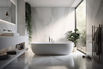 A spacious and bright bathroom with a luxurious white bathtub placed next to a window. The perfect space for soaking and rejuvenation. AI Generative.