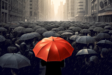 A unique red umbrella stands out amongst a sea of black ones on a bustling city street on a rainy day, symbolizing individuality and non-conformity in the crowd.
