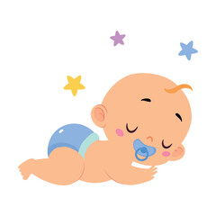 Cute Little Baby Boy or Infant in Blue Diaper Sleep with Pacifier Vector Illustration