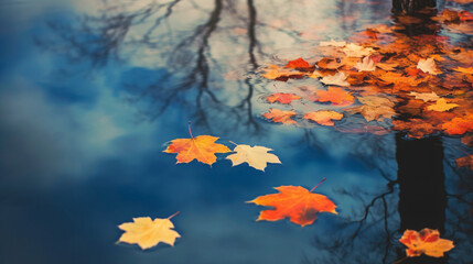 Autumn leaves floating in a puddle of water in the lake, creating a serene natural scene.