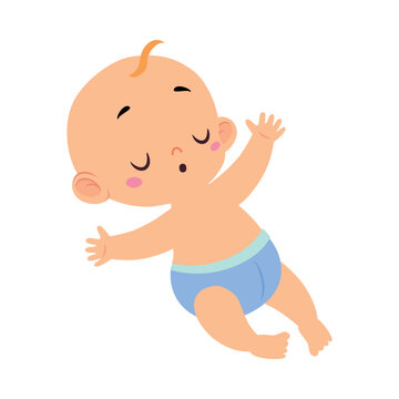 Cute Little Baby Boy or Infant in Blue Diaper Sleep Vector Illustration