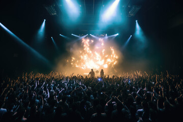 crowd of people watching and dancing to a metal show with fire stageshow