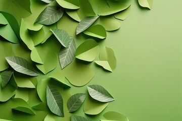 Abstract green background with cut out paper sheets in different shades of green, AI generative content.