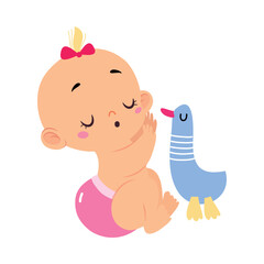 Cute Little Baby Girl or Infant in Pink Diaper Playing with Toy Vector Illustration