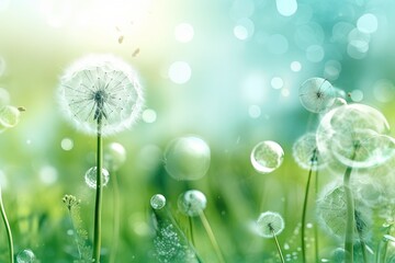 Meadow with dandelions in soft green tones, abstract background, AI generative content.